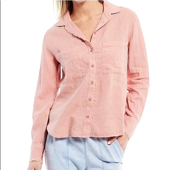 Cloth & Stone Linen Pink Button Down Shirt V Neck Long Sleeve Casual Workwear S - Picture 12 of 13